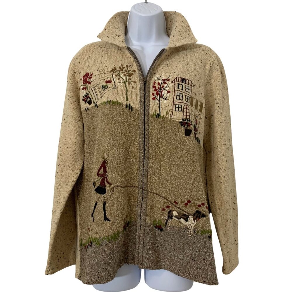 TanJay Beige Cardigan with Embroidered dog walking lady Design